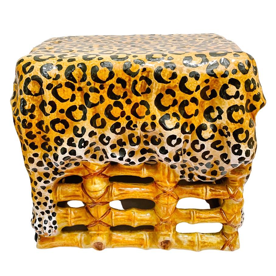 1960s Italian Glazed Terracotta Leopard Print Ottoman Stool