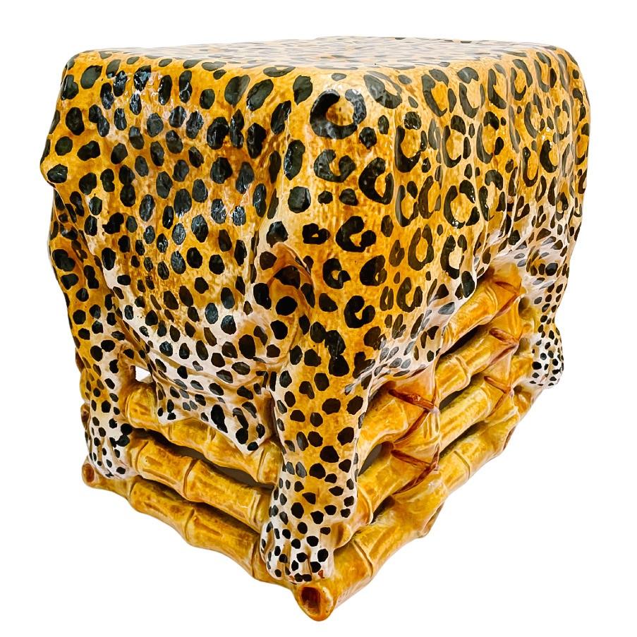 1960s Italian Glazed Terracotta Leopard Print Ottoman Stool