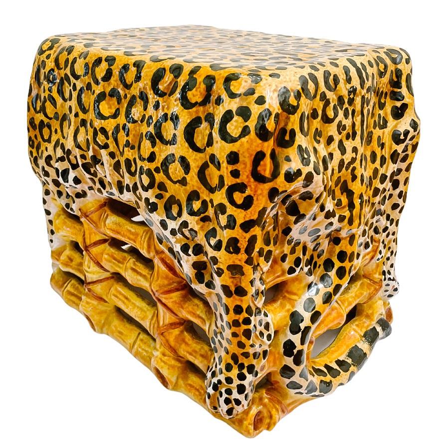 1960s Italian Glazed Terracotta Leopard Print Ottoman Stool