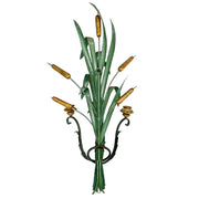 1960s Italian Green Tole & Giltwood Bulrush Two-Arm Wall Sconces, a Pair