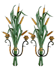 1960s Italian Green Tole & Giltwood Bulrush Two-Arm Wall Sconces, a Pair