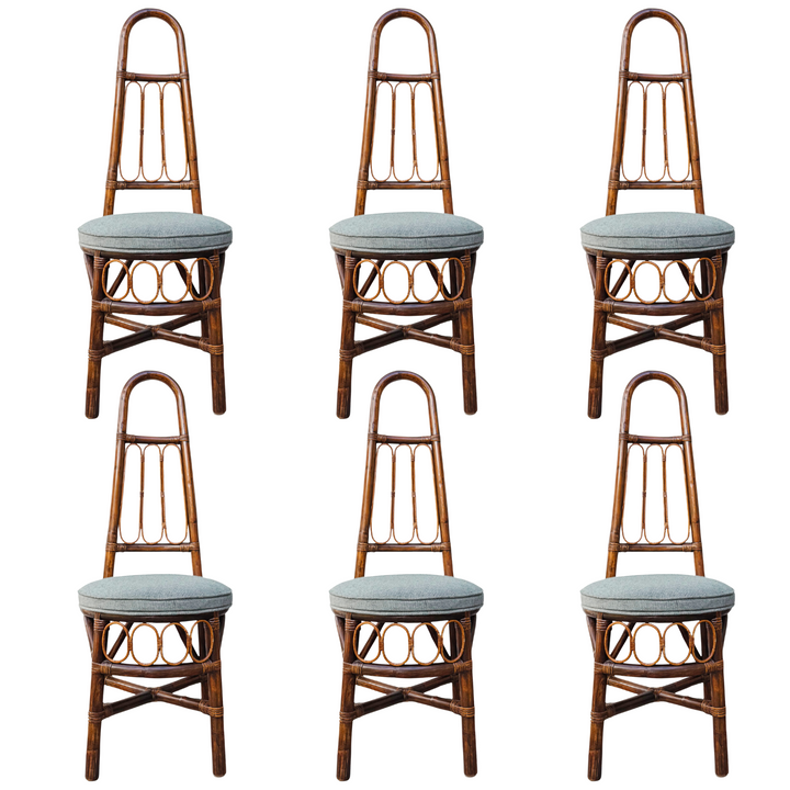 1960s European High Back Bamboo & Rattan Dining Chairs, Set of 6