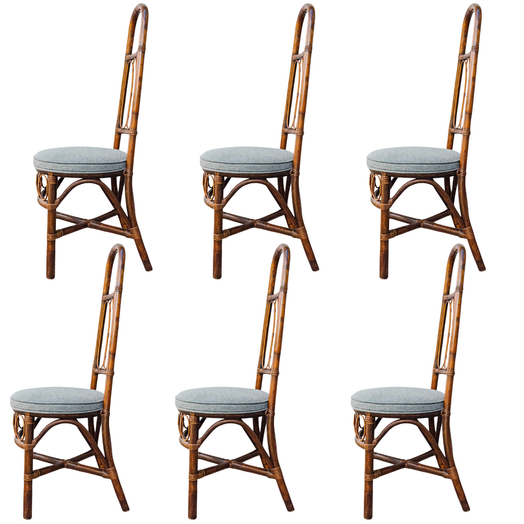 1960s European High Back Bamboo & Rattan Dining Chairs, Set of 6