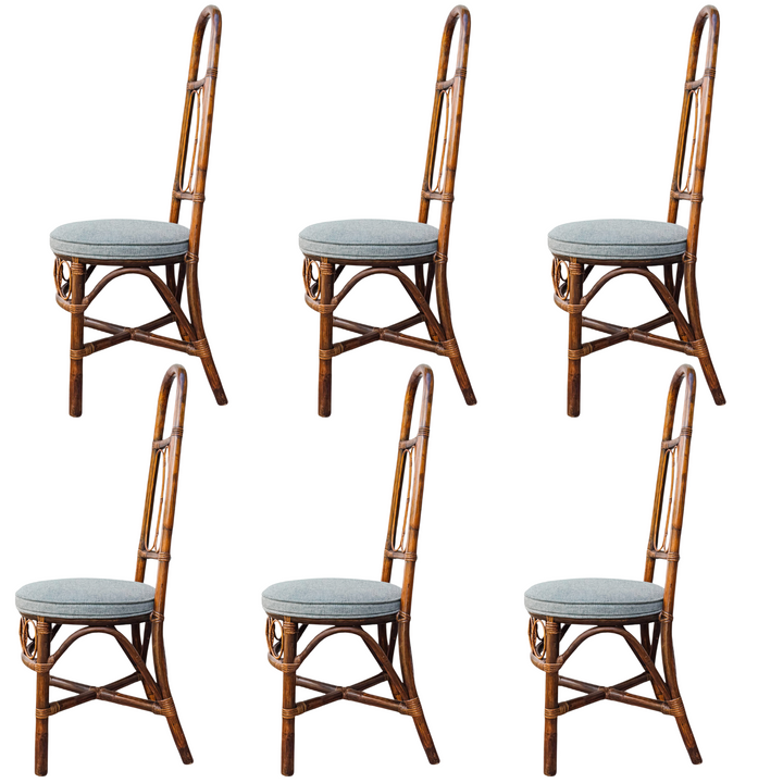 1960s European High Back Bamboo & Rattan Dining Chairs, Set of 6
