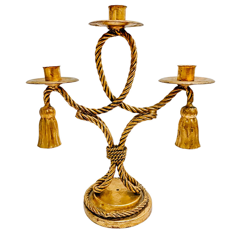 1960s Italian Tole Gilt Rope & Tassels Candelabras