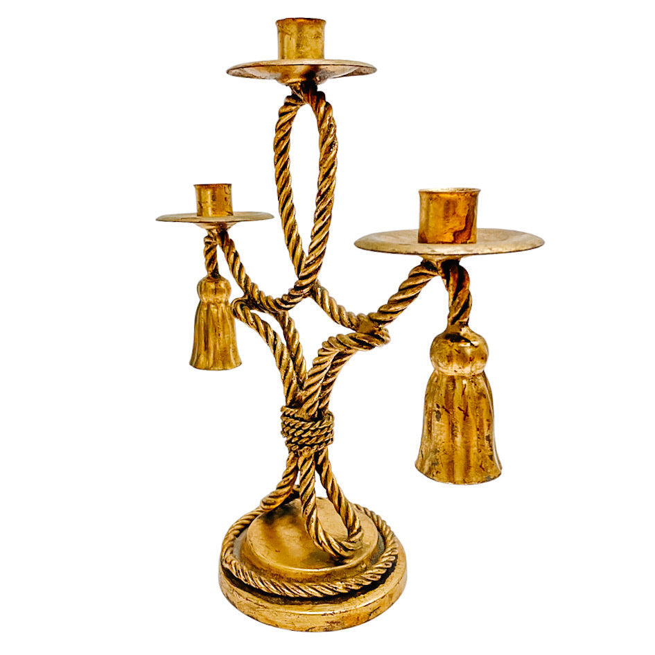 1960s Italian Tole Gilt Rope & Tassels Candelabras