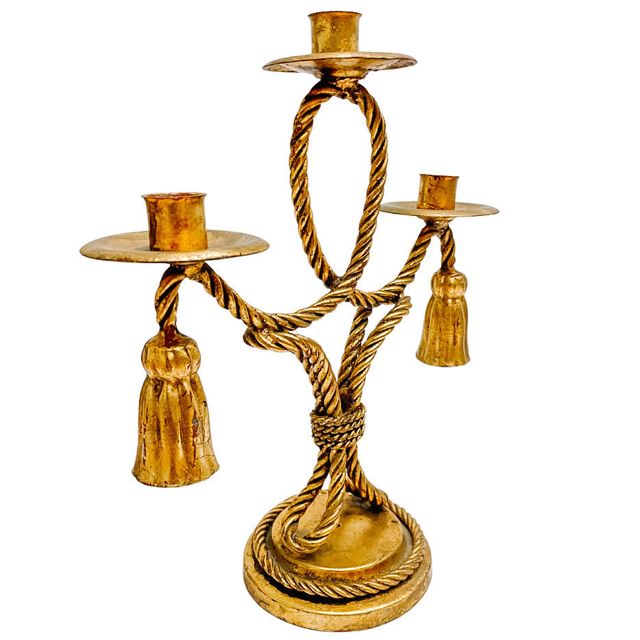 1960s Italian Tole Gilt Rope & Tassels Candelabras