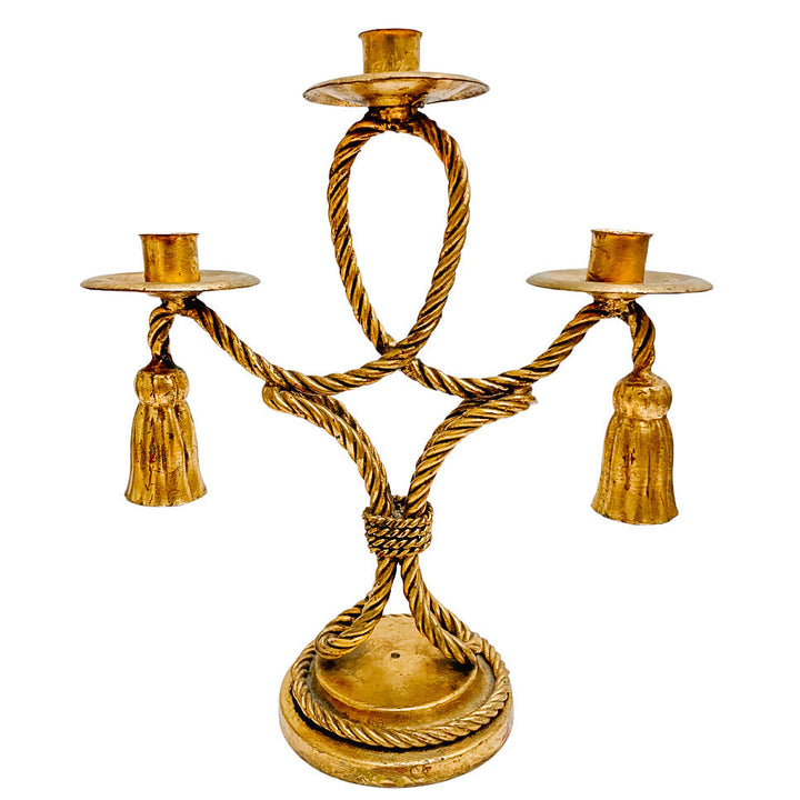 1960s Italian Tole Gilt Rope & Tassels Candelabras