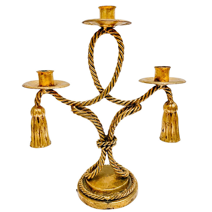 1960s Italian Tole Gilt Rope & Tassels Candelabras