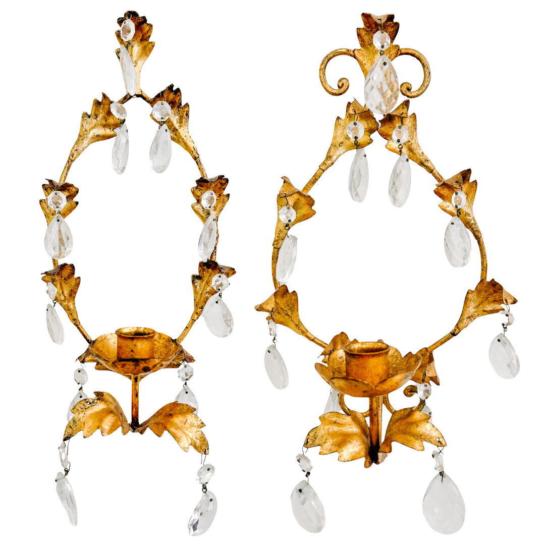 1960s Italian Florentine Gold Tole Candlestick Wall Sconces With Teardrop Crystals