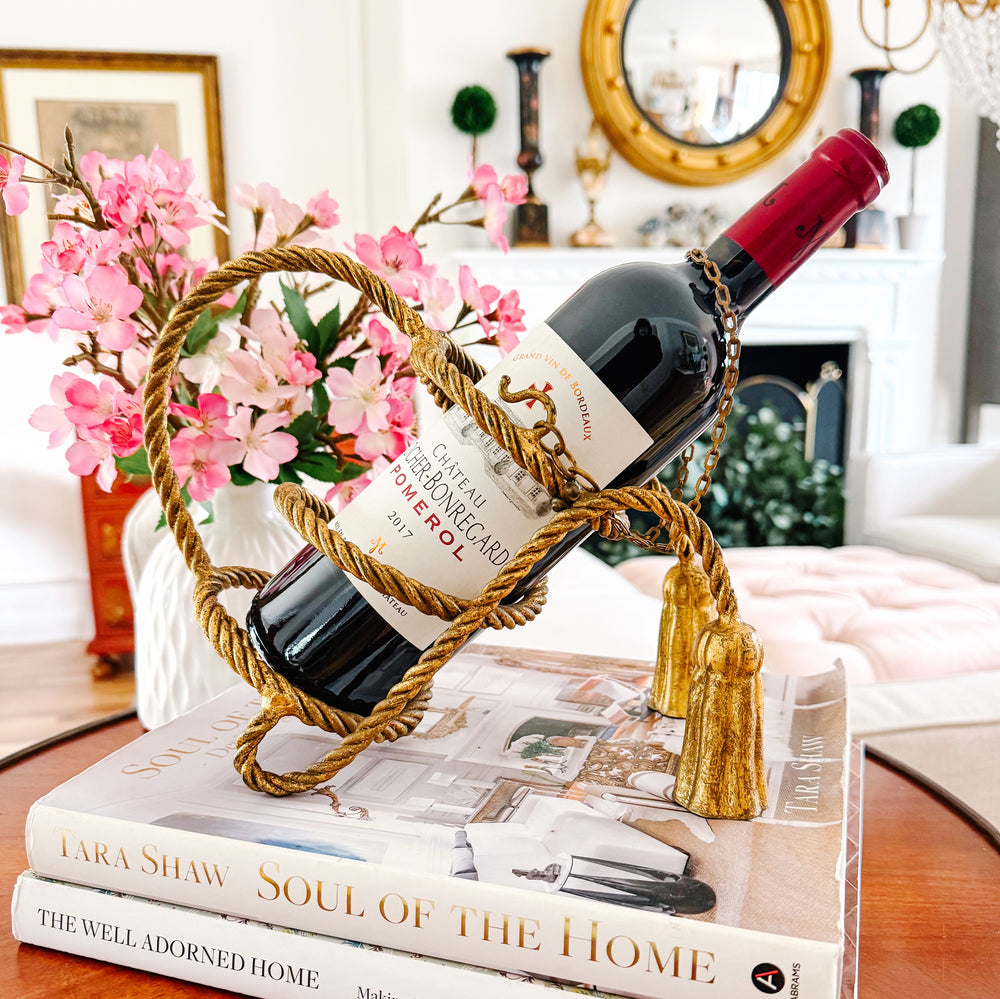 1960s Italian Tole Gilt Rope & Tassels Wine Bottle Holder