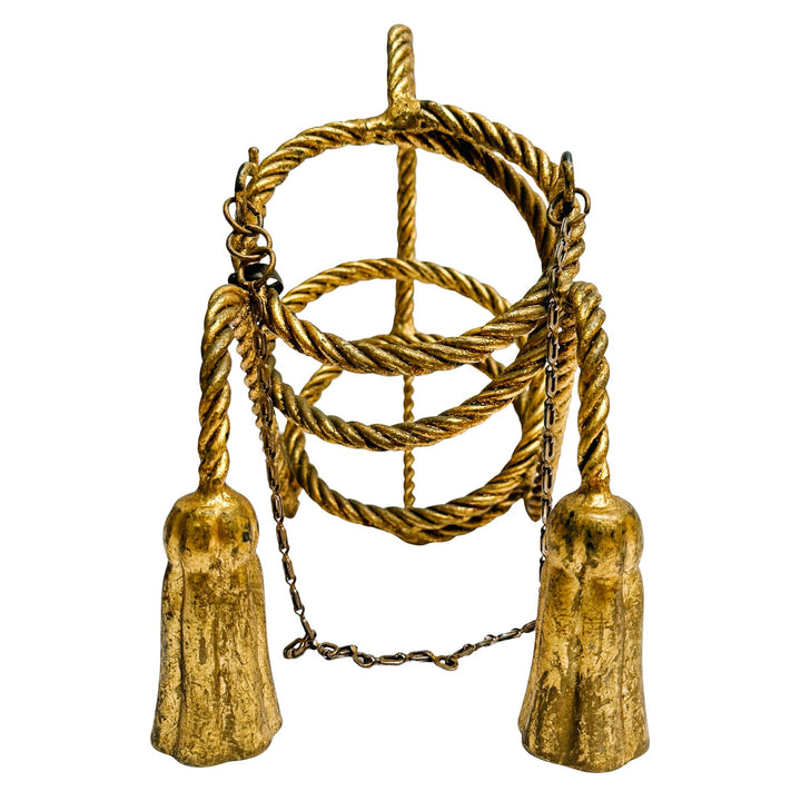 1960s Italian Tole Gilt Rope & Tassels Wine Bottle Holder