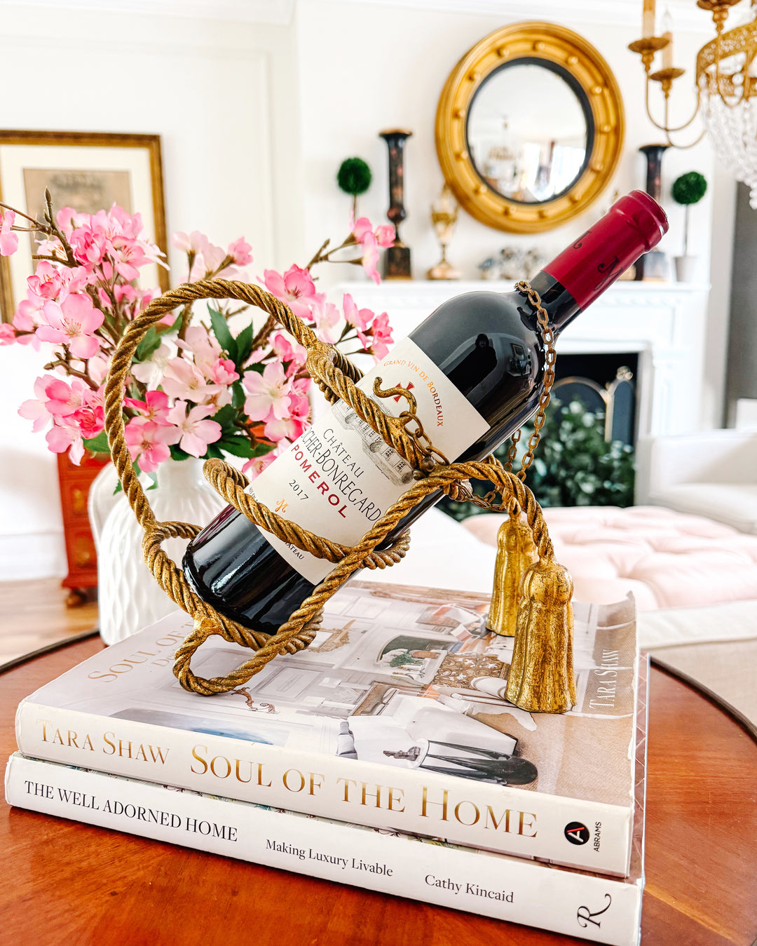 1960s Italian Tole Gilt Rope & Tassels Wine Bottle Holder