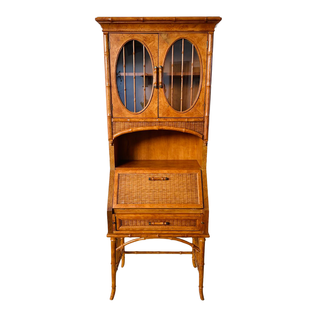 1970s Bamboo Rattan Oval Glass Secretary Desk With Display Cabinet