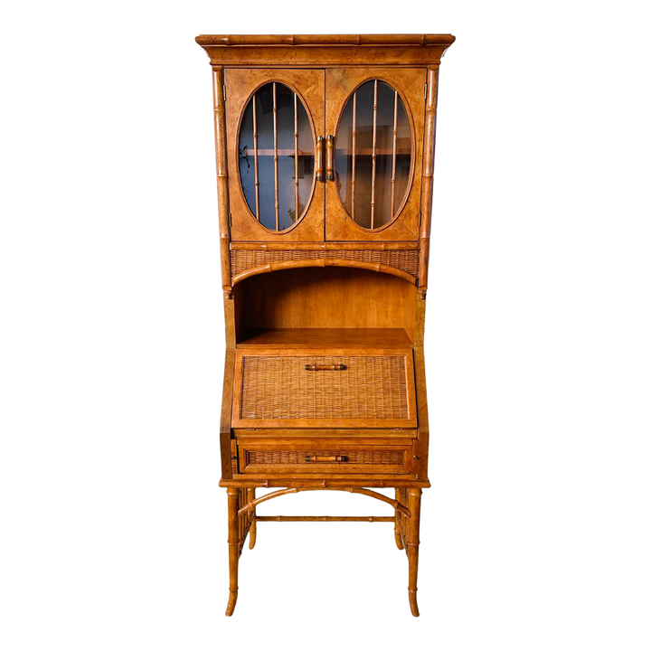 1970s Bamboo Rattan Oval Glass Secretary Desk With Display Cabinet