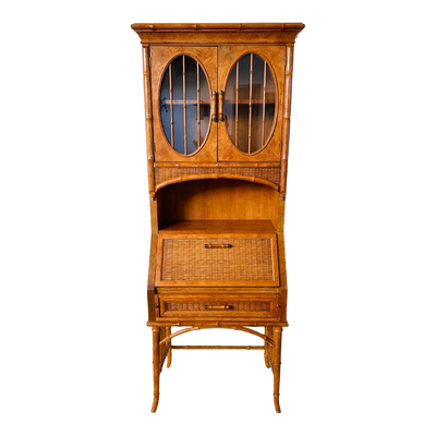 1970s Bamboo Rattan Oval Glass Secretary Desk With Display Cabinet