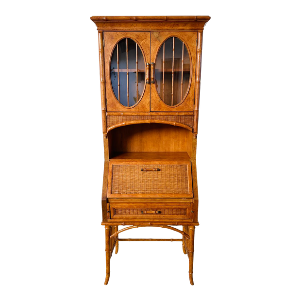 1970s Bamboo Rattan Oval Glass Secretary Desk With Display Cabinet