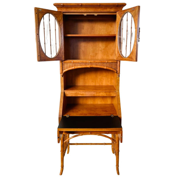 1970s Bamboo Rattan Oval Glass Secretary Desk With Display Cabinet