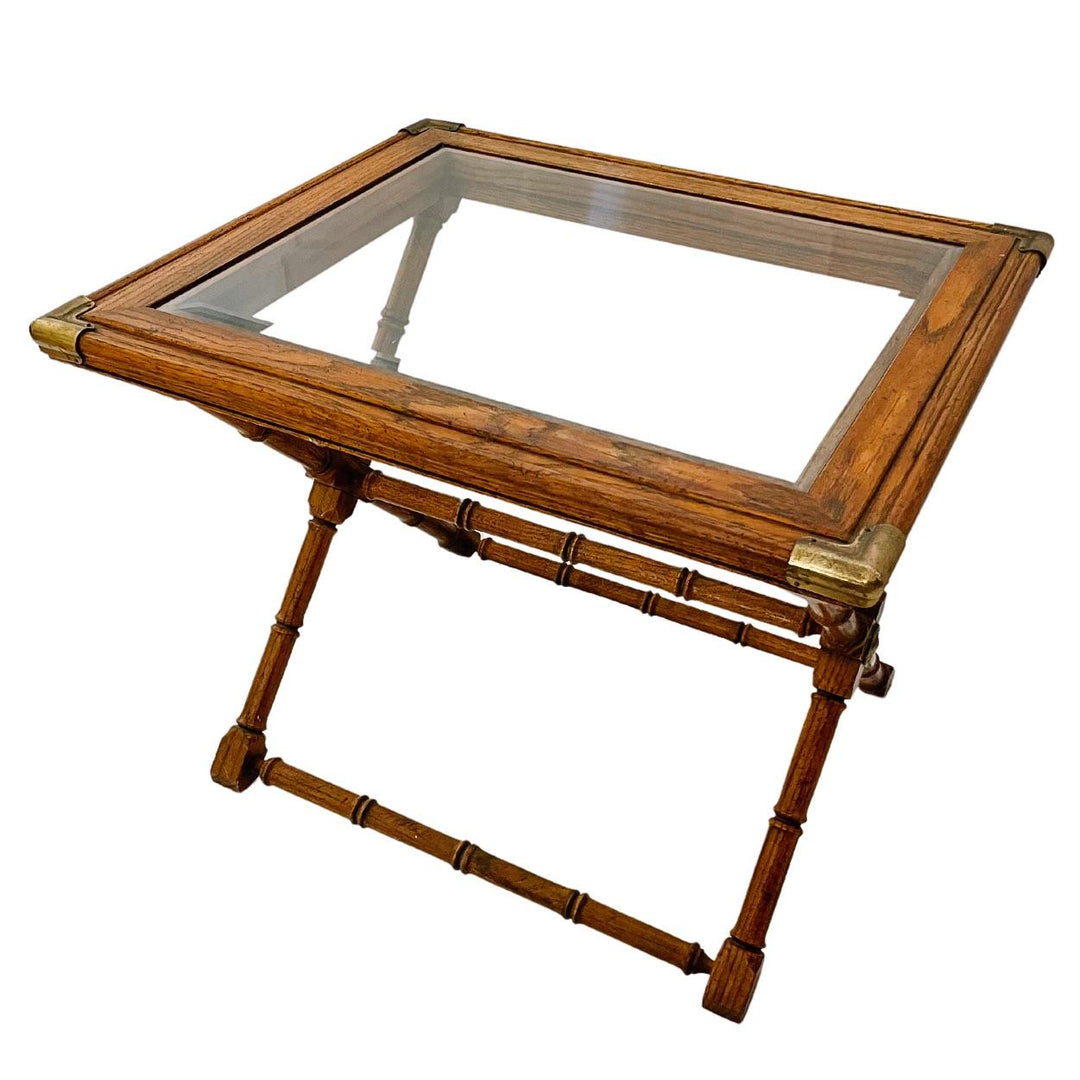 Vintage Faux Bamboo X Frame Side Table With Brass Accents & Glass Top