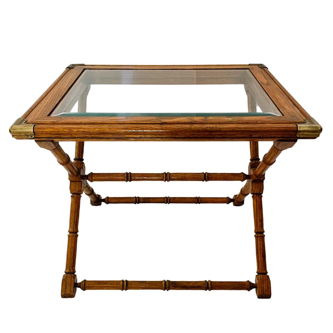 Vintage Faux Bamboo X Frame Side Table With Brass Accents & Glass Top