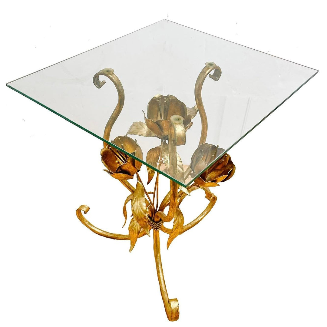 Gold Tole Flower Accent Tables With Glass Tops