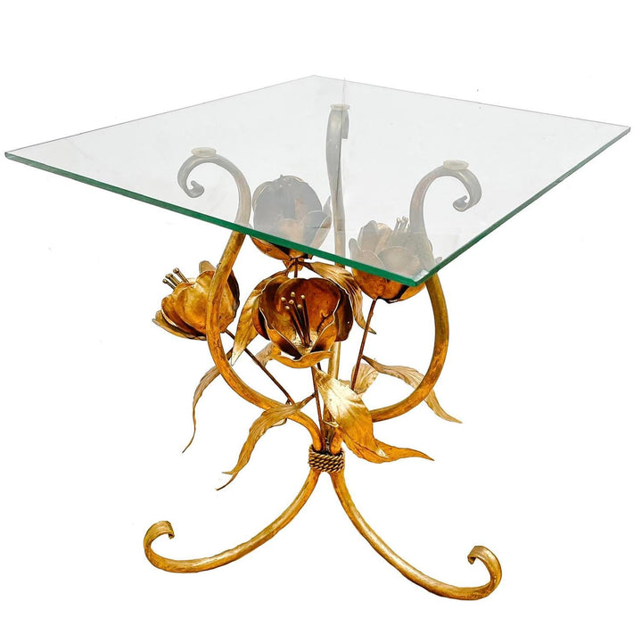 Gold Tole Flower Accent Tables With Glass Tops