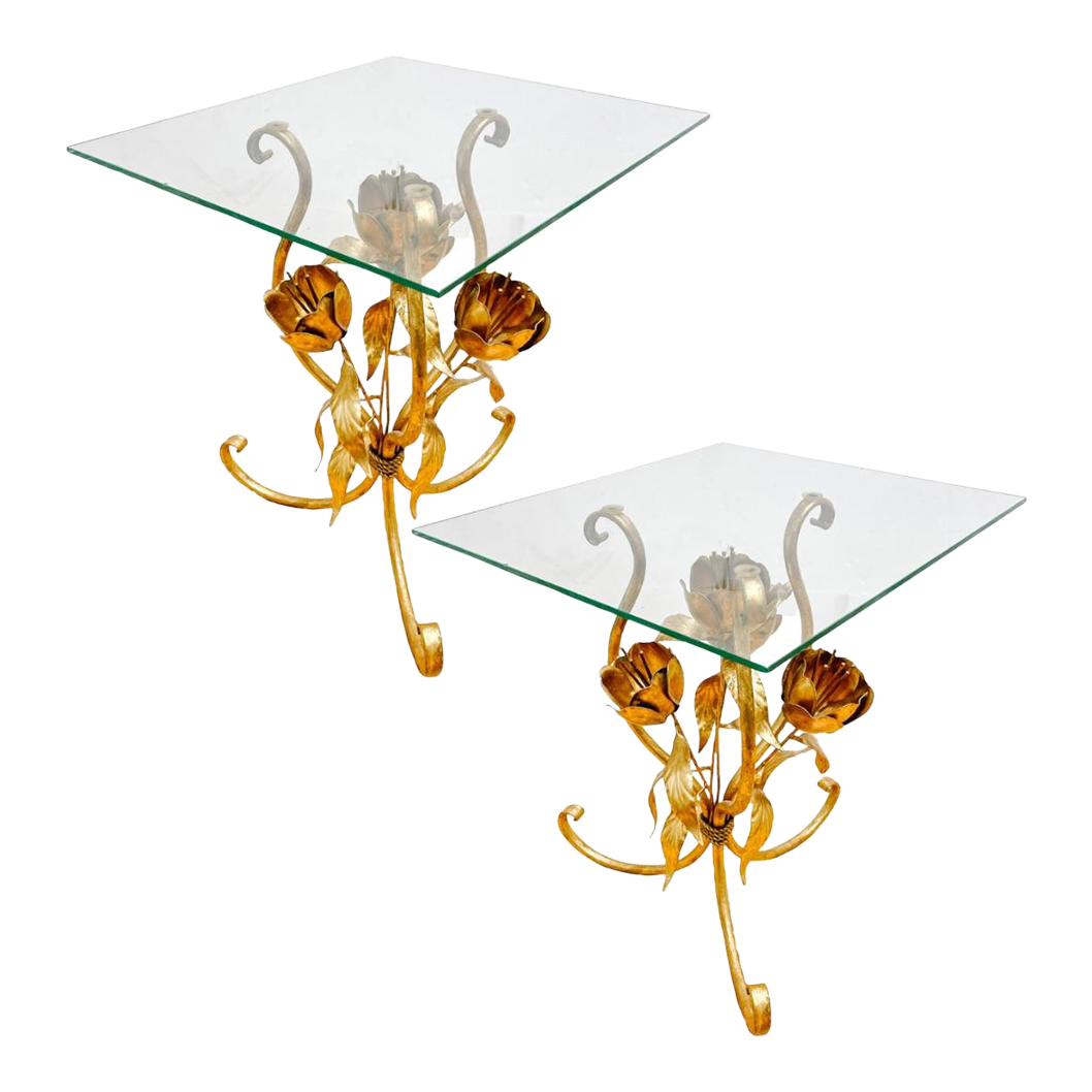 Gold Tole Flower Accent Tables With Glass Tops