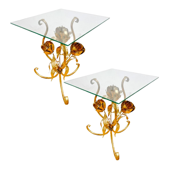 Gold Tole Flower Accent Tables With Glass Tops