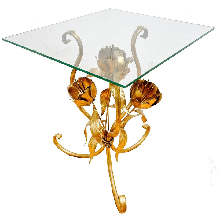 Gold Tole Flower Accent Tables With Glass Tops