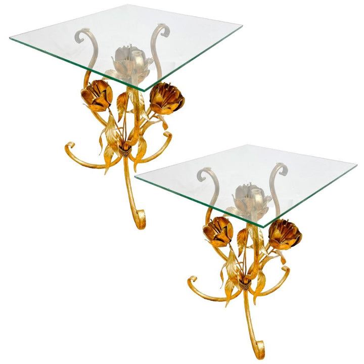 Gold Tole Flower Accent Tables With Glass Tops