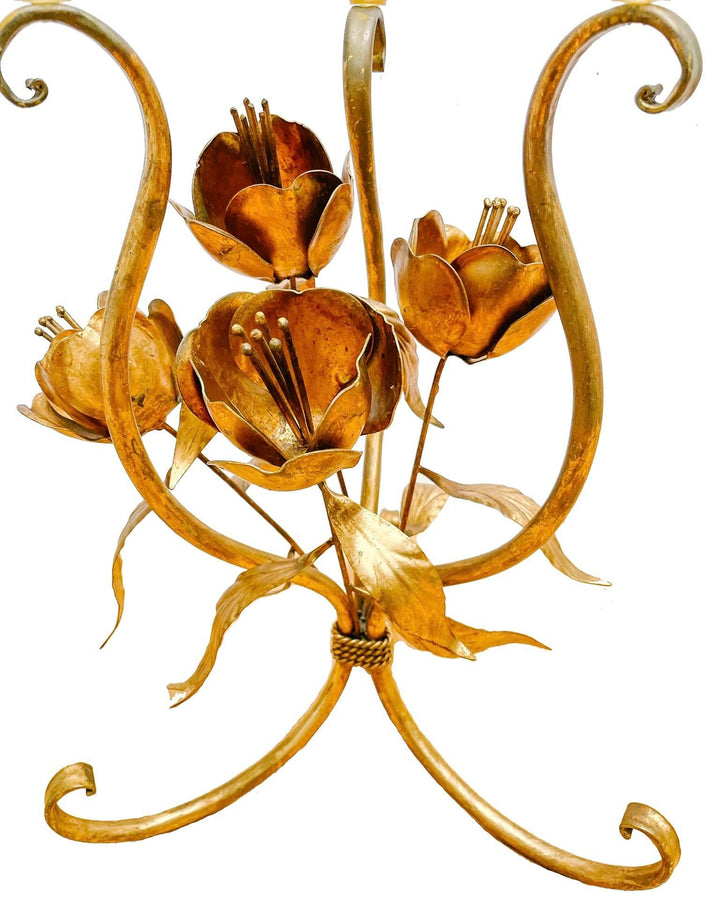 Gold Tole Flower Accent Tables With Glass Tops