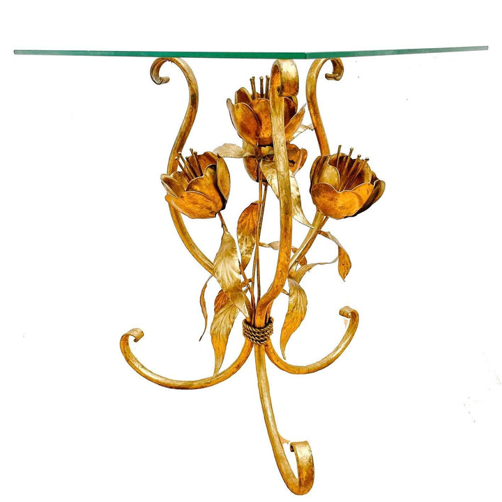 Gold Tole Flower Accent Tables With Glass Tops