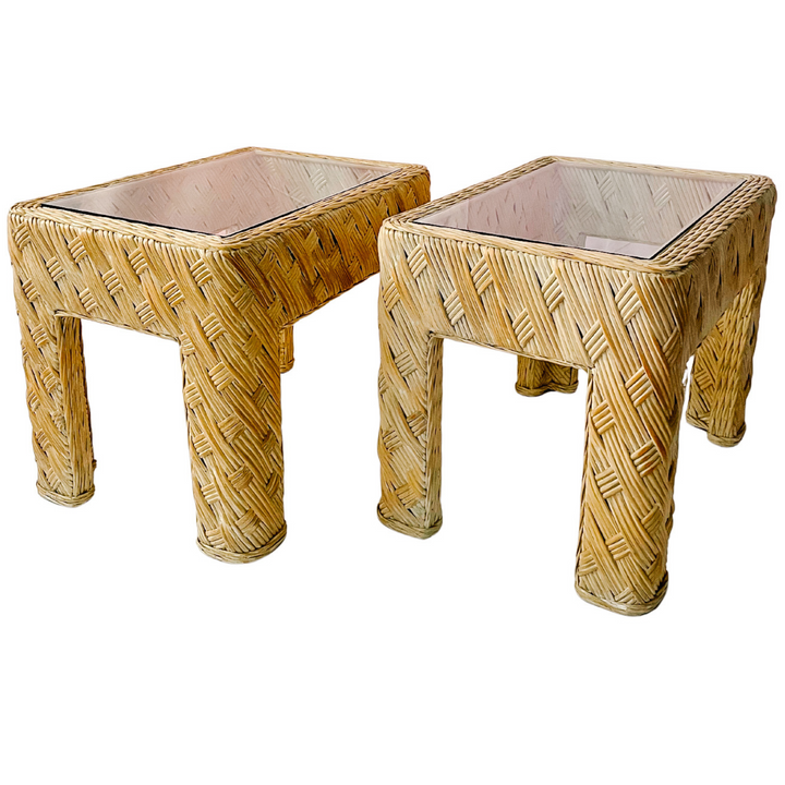 1980s Coastal Crosshatch Woven Rattan Side / End Tables With Glass Tops