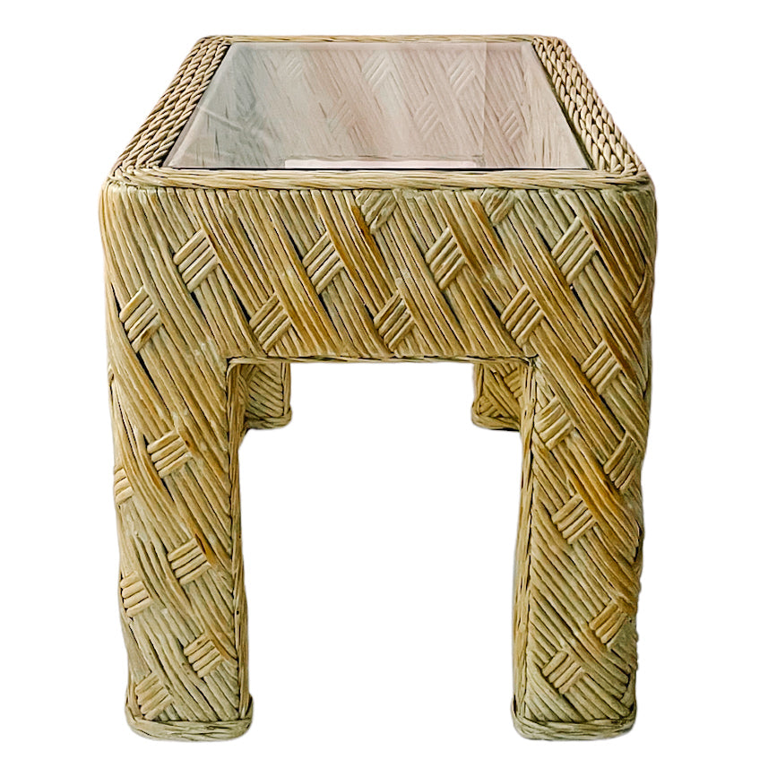 1980s Coastal Crosshatch Woven Rattan Side / End Tables With Glass Tops