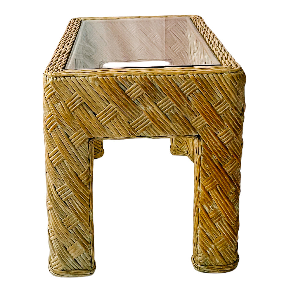 1980s Coastal Crosshatch Woven Rattan Side / End Tables With Glass Tops