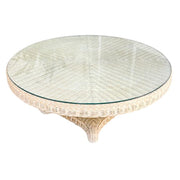 1980s Coastal Round Woven Rattan Wicker Coffee Table With Glass Top