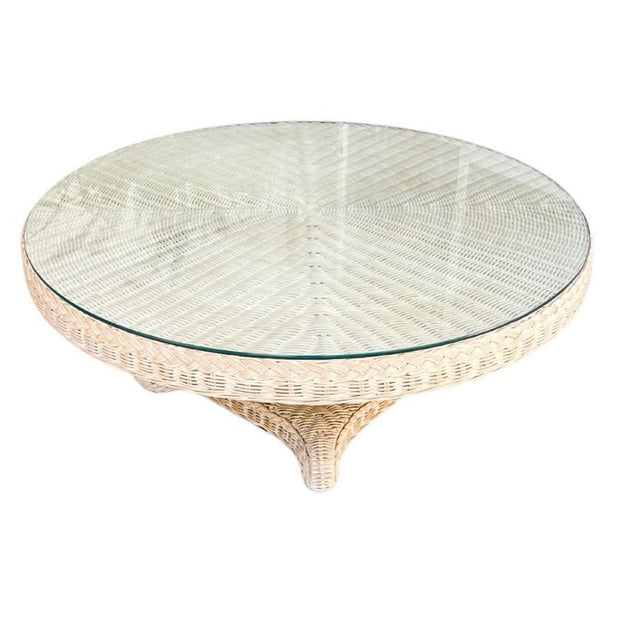 1980s Coastal Round Woven Rattan Wicker Coffee Table With Glass Top