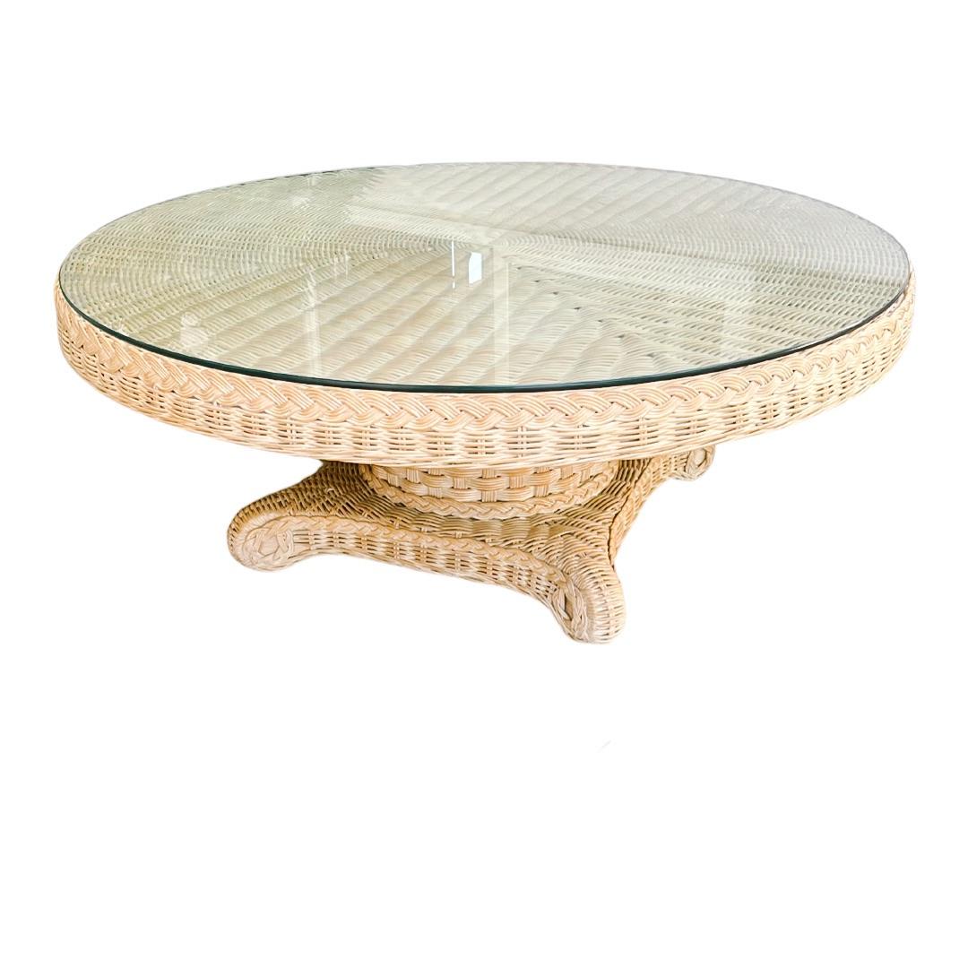 1980s Coastal Round Woven Rattan Wicker Coffee Table With Glass Top