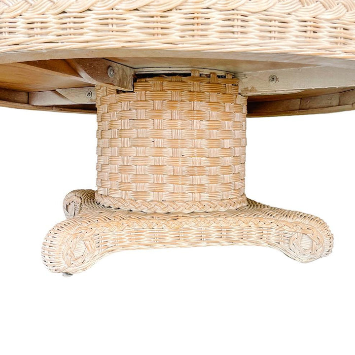 1980s Coastal Round Woven Rattan Wicker Coffee Table With Glass Top