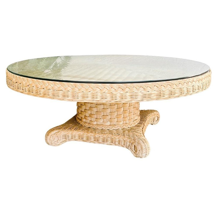 1980s Coastal Round Woven Rattan Wicker Coffee Table With Glass Top