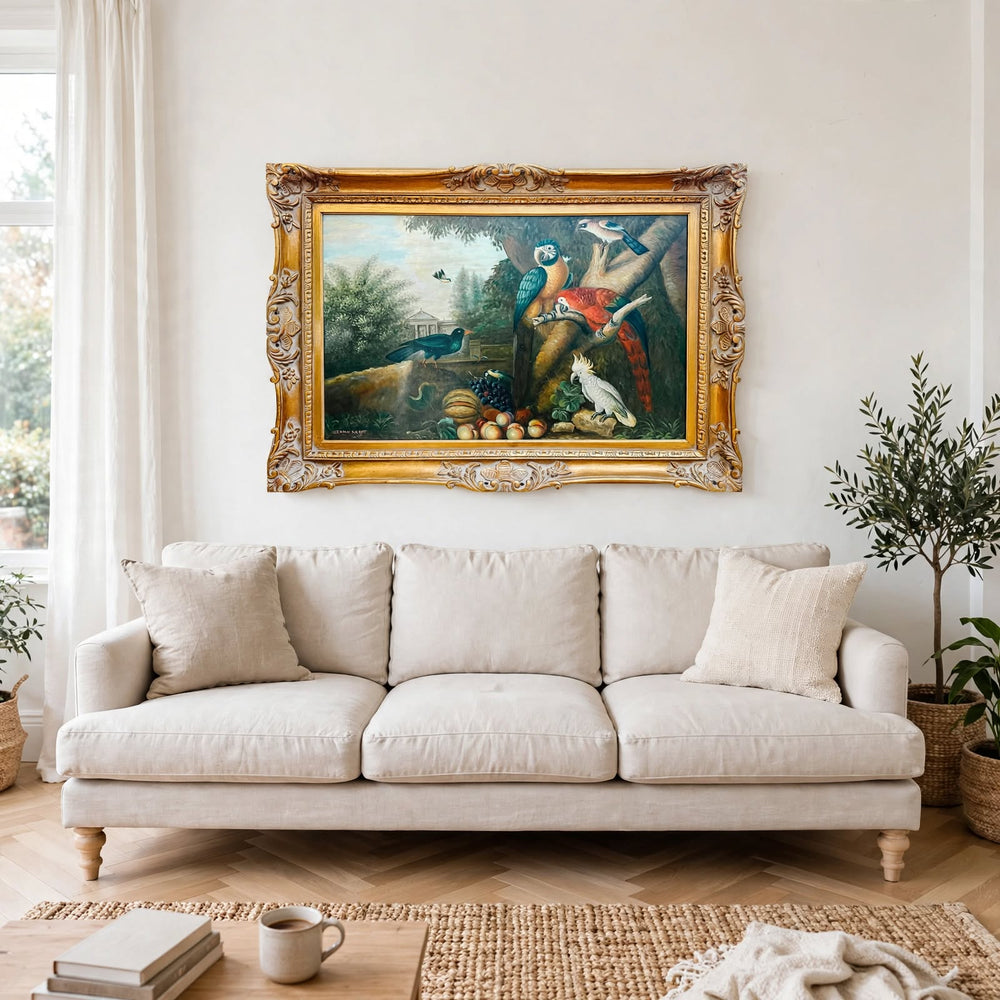1980s Grand Scale Tropical Macaw & Cockatoo Oil Painting in Gilt Frame, After Jakob Bogdány