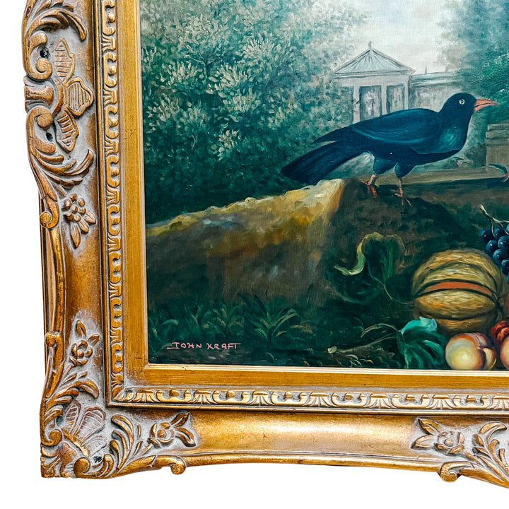 1980s Grand Scale Tropical Macaw & Cockatoo Oil Painting in Gilt Frame, After Jakob Bogdány