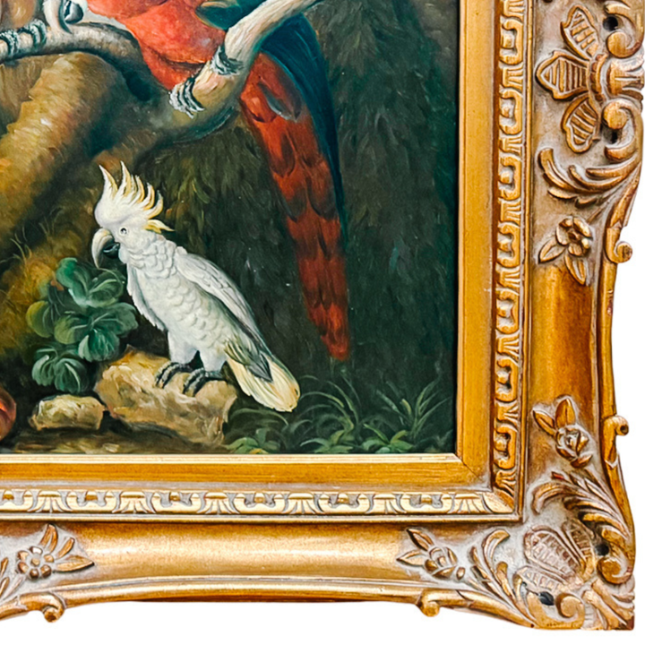 1980s Grand Scale Tropical Macaw & Cockatoo Oil Painting in Gilt Frame, After Jakob Bogdány