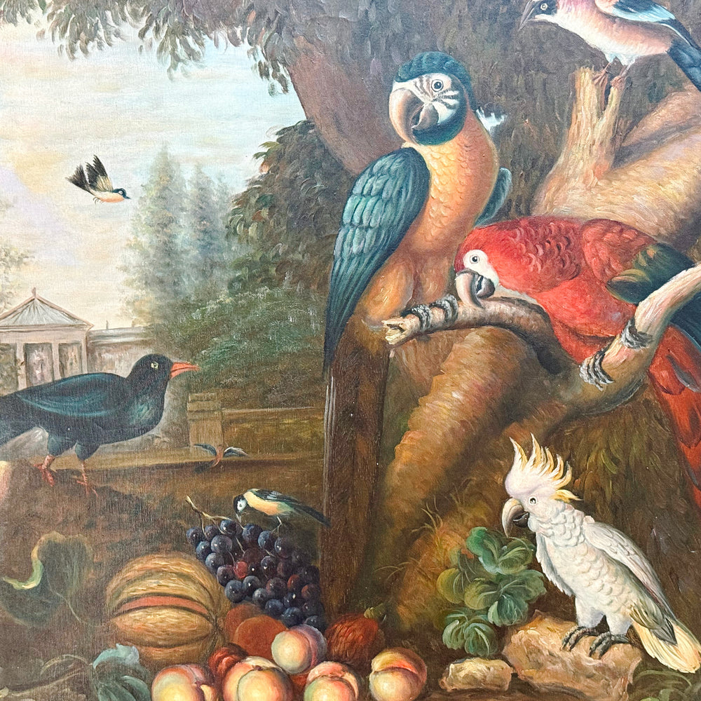 1980s Grand Scale Tropical Macaw & Cockatoo Oil Painting in Gilt Frame, After Jakob Bogdány