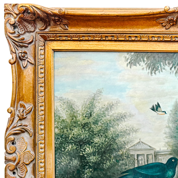 1980s Grand Scale Tropical Macaw & Cockatoo Oil Painting in Gilt Frame, After Jakob Bogdány