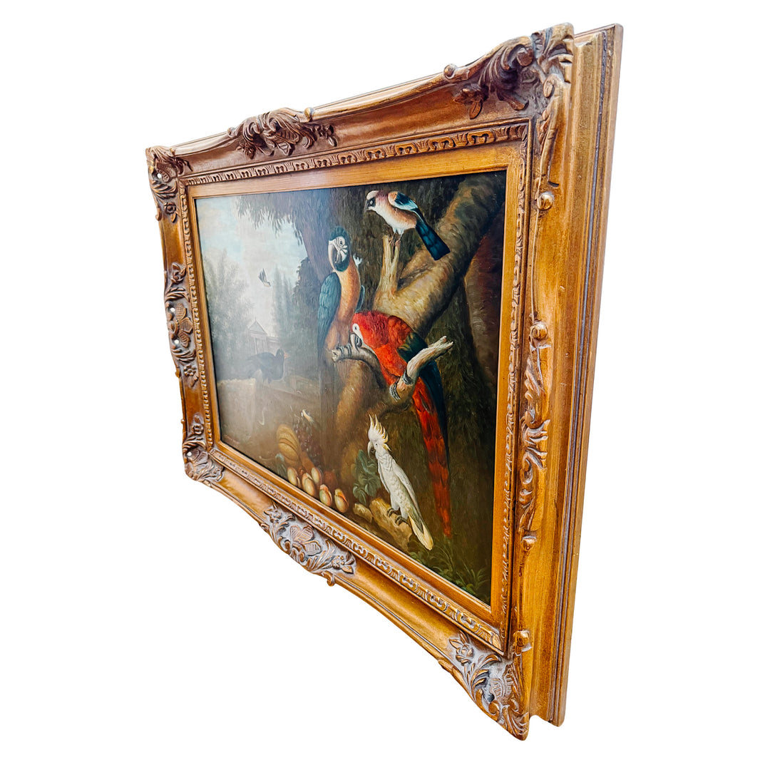1980s Grand Scale Tropical Macaw & Cockatoo Oil Painting in Gilt Frame, After Jakob Bogdány