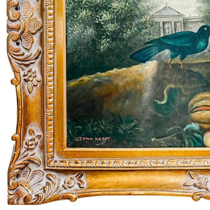 1980s Grand Scale Tropical Macaw & Cockatoo Oil Painting in Gilt Frame, After Jakob Bogdány