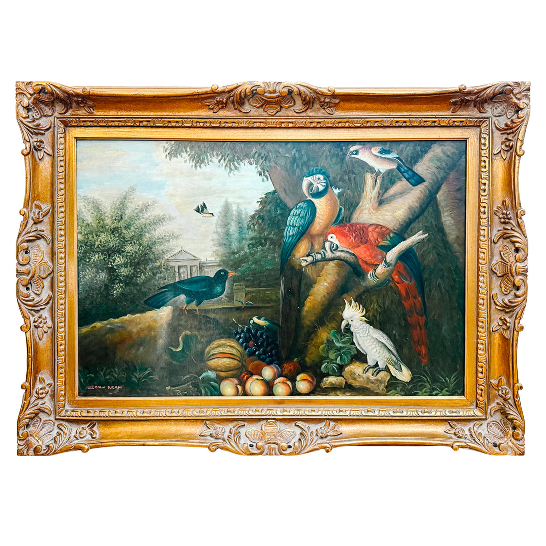 1980s Grand Scale Tropical Macaw & Cockatoo Oil Painting in Gilt Frame, After Jakob Bogdány