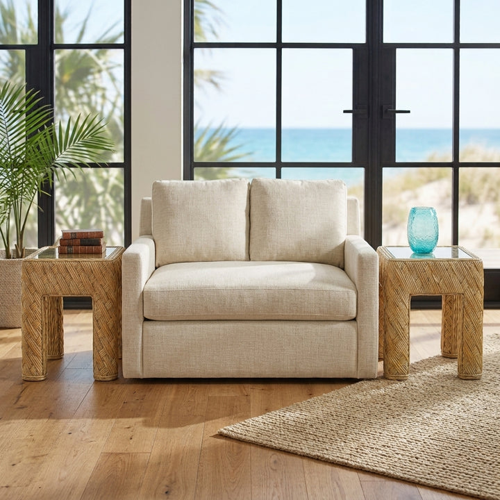1980s Organic Modern Crosshatch Woven Rattan & Glass End Tables in the Style of Maitland-Smith