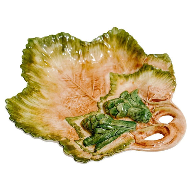 Italian Majolica Maple Leaf Plate With Artichoke Globes